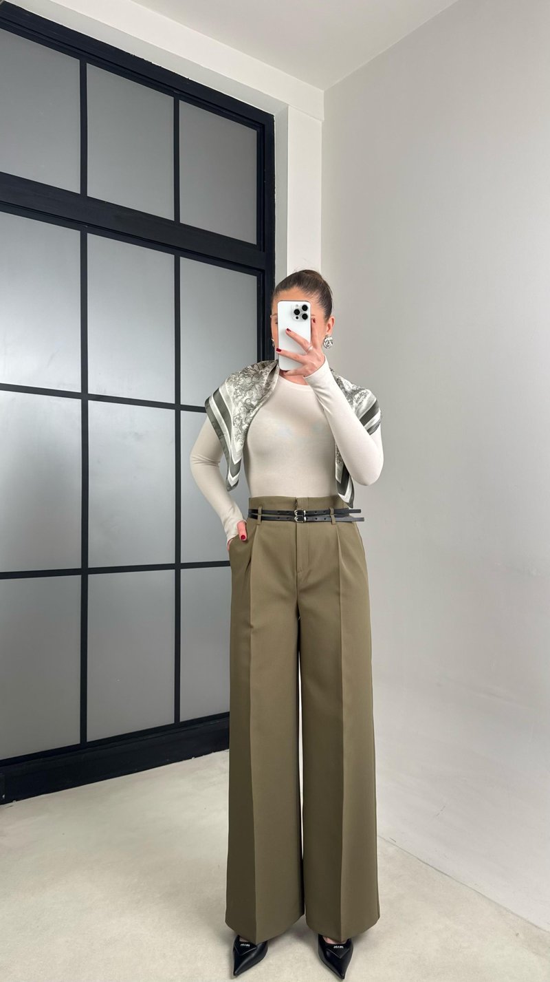 Haki Çift Kemerli Pileli Kumaş Pantolon GAUS-00896