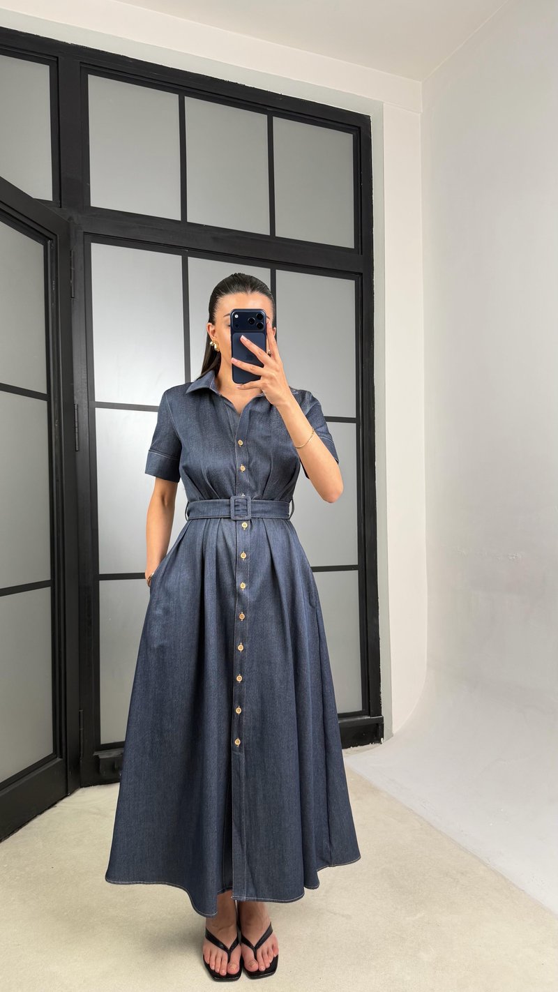 Lacivert Kemerli Tencel Denim Premium Elbise GAUS-01452