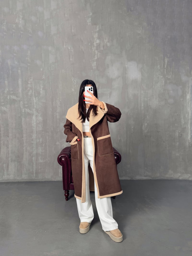 Floor Kahve Peluş Muadil Cepli Kaban