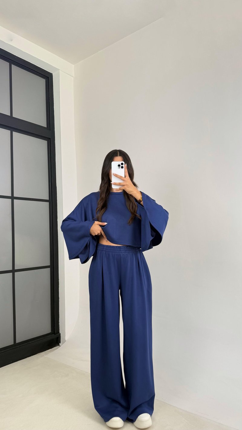 Lacivert Yarasa Kol Crop Beli Lastikli Pantolon OYS Muadil Modal Takım GAUS-0080