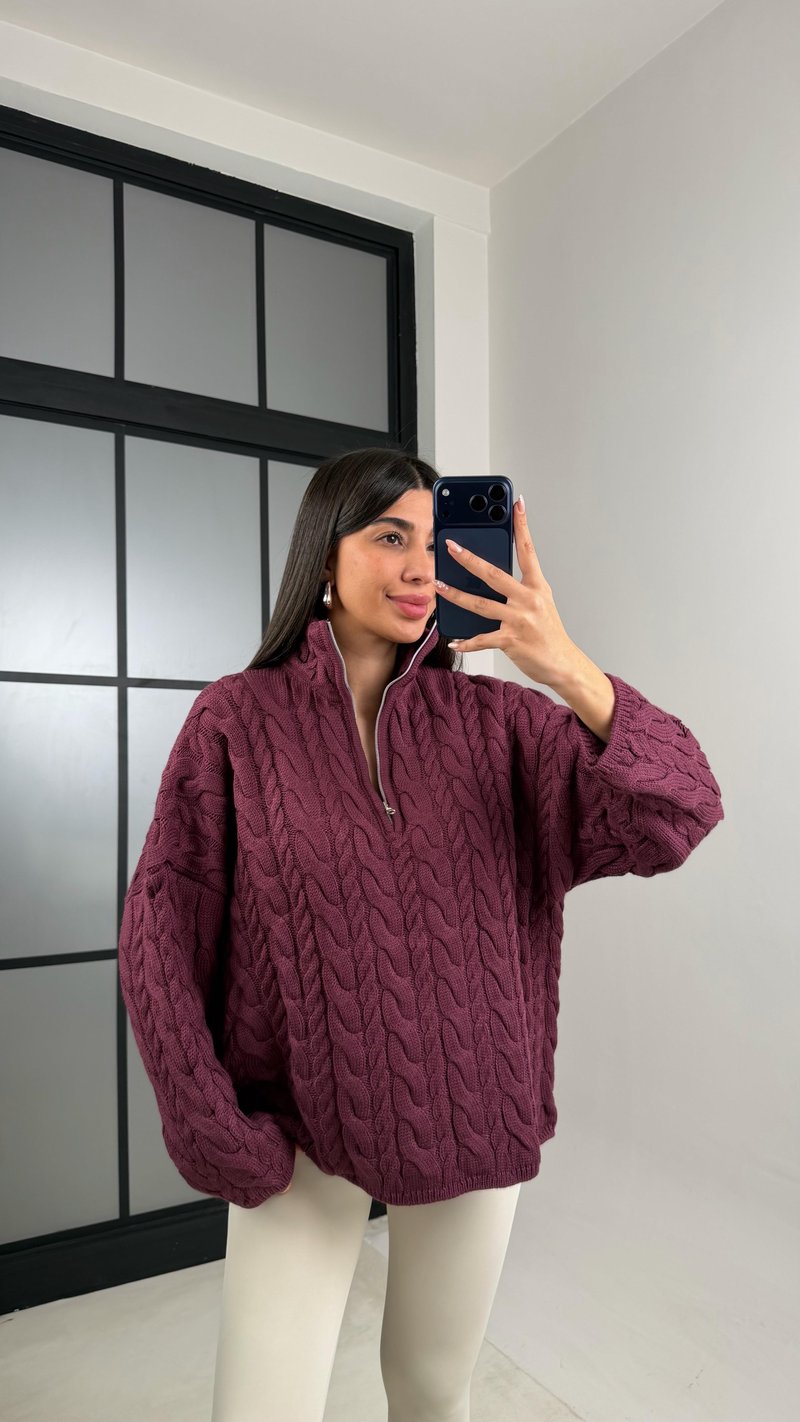 Mürdüm Fermuarlı Saç Örgülü Kazak GAUS-00855