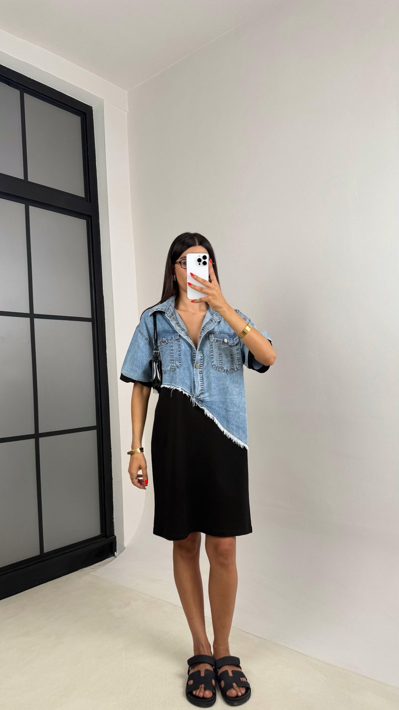 Siyah Önü Düğmeli Denim Üst Bloklu Elbise GAUS-0038