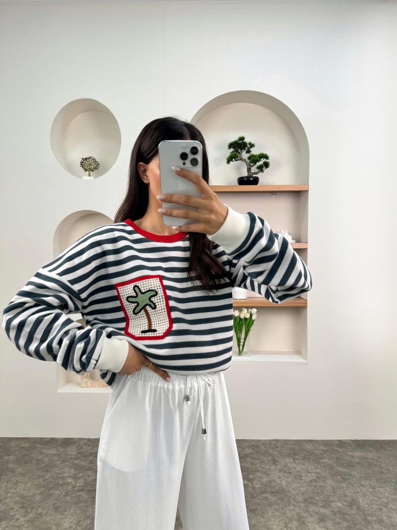 SHG Çizgili Cep İşleme Detaylı Bisiklet Yaka Sweatshirt