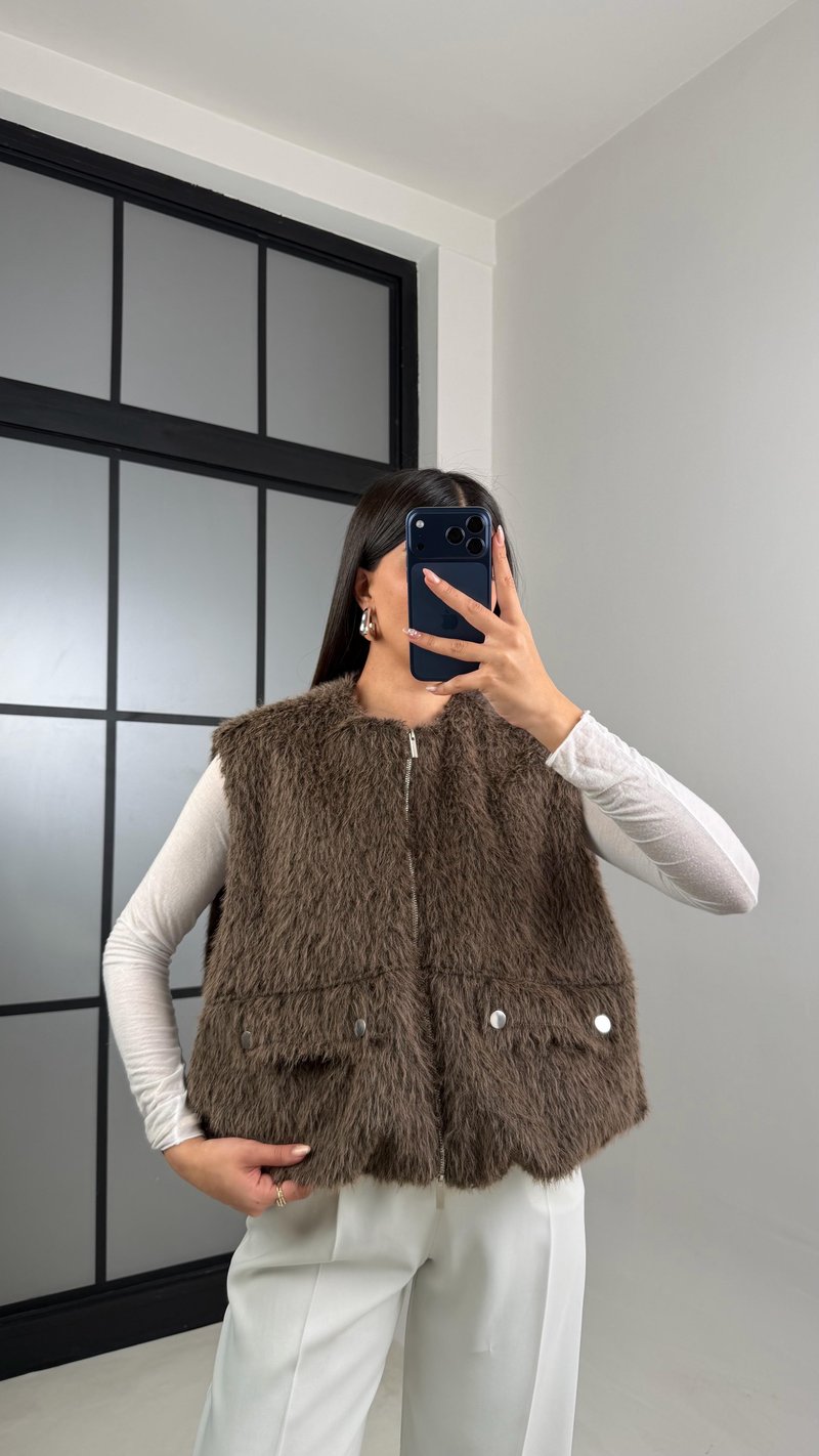 Acı Kahve Cepli Astarlı Kürk Yelek GAUS-00851