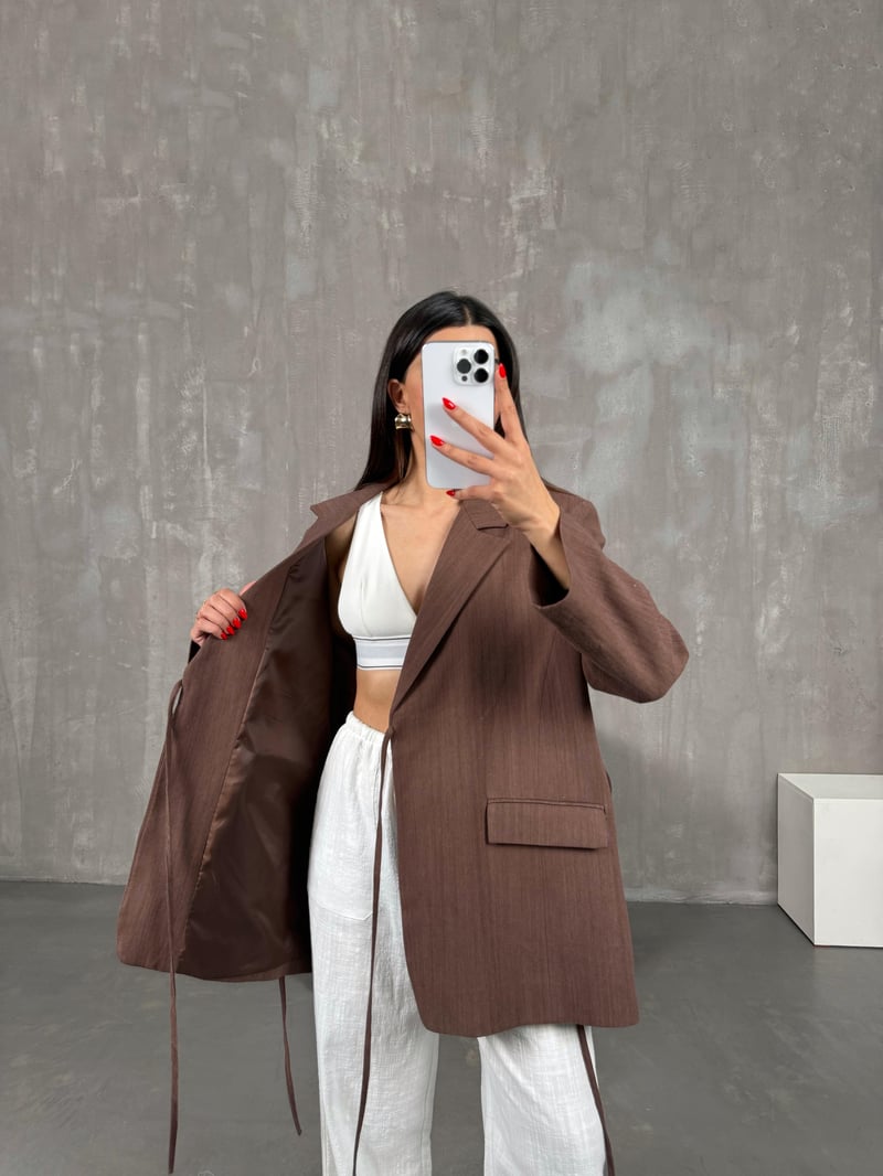 Kahve Astarlı Bağlamalı Keten Ceket Gaus00160