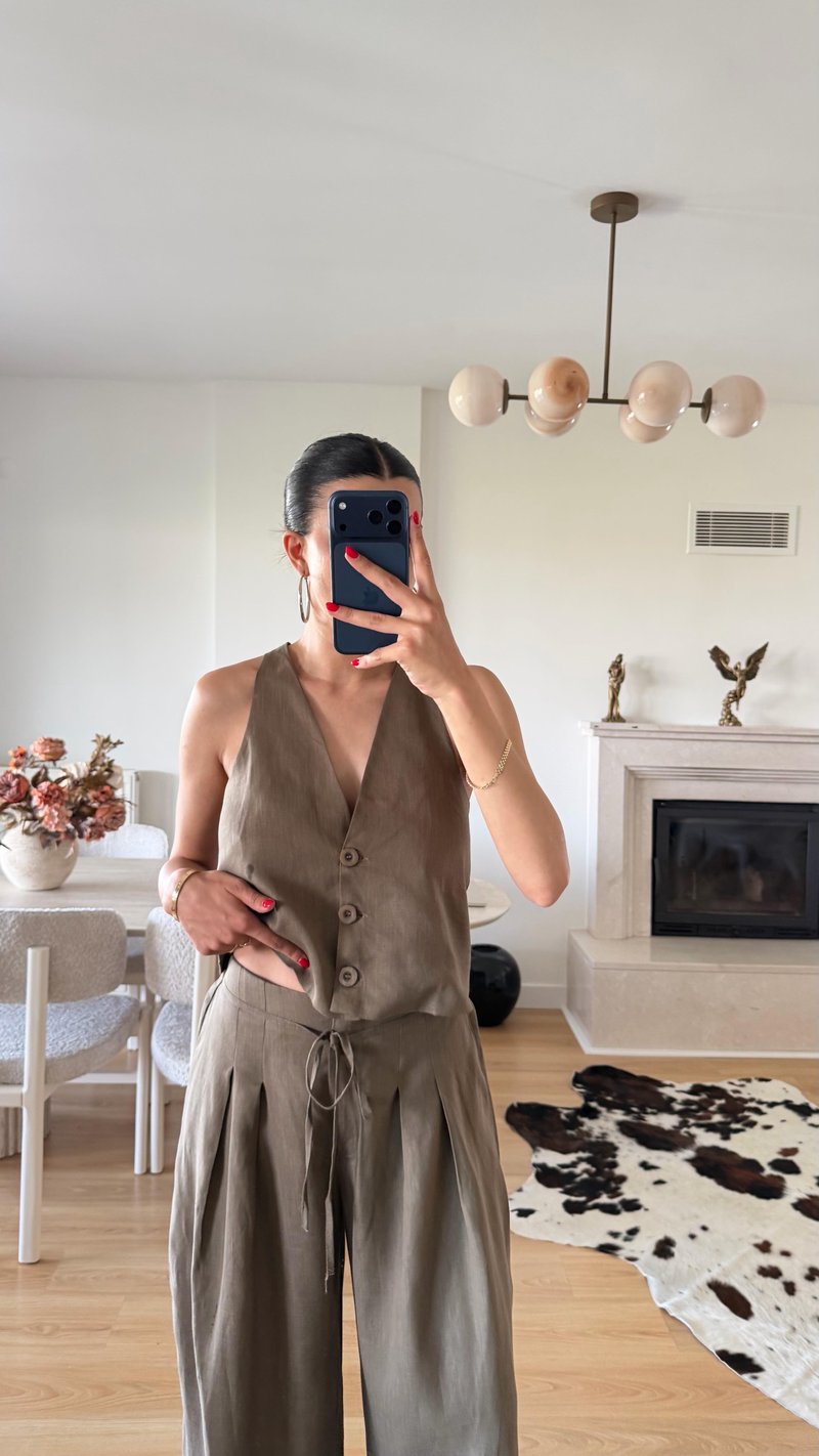 Haki ZR Model Yelek Pantolon İkili Keten Takım GAUS-01593