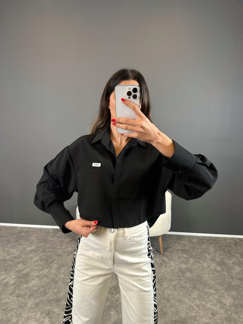 Cardi Siyah Baskılı Crop Gömlek 