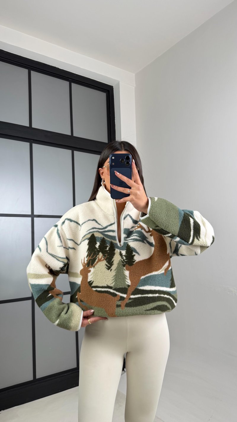 Yeşil Fermuarlı Geyik Desenli Polar Sweatshirt GAUS-00723 GAUS-01100