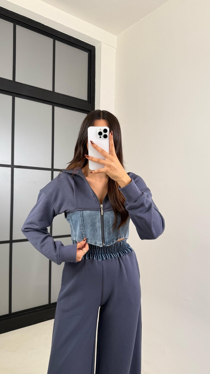 Antrasit Denim Detaylı Kapüşonlu Hırka Beli Lastikli Pantolon Tasarım Takım GAUS-00444