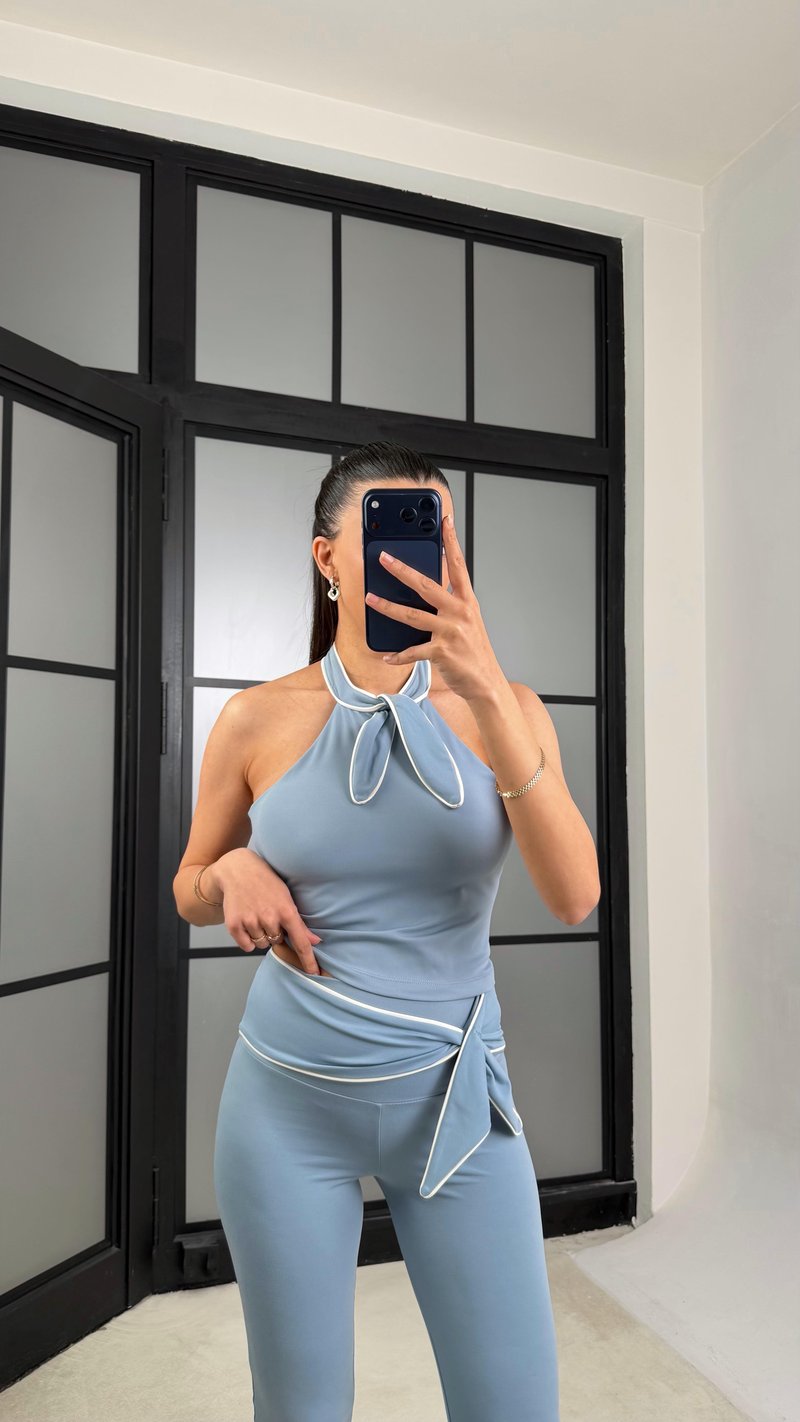 Mavi OYS Model Fiyonk Detaylı Crop Tayt Takım GAUS-01407