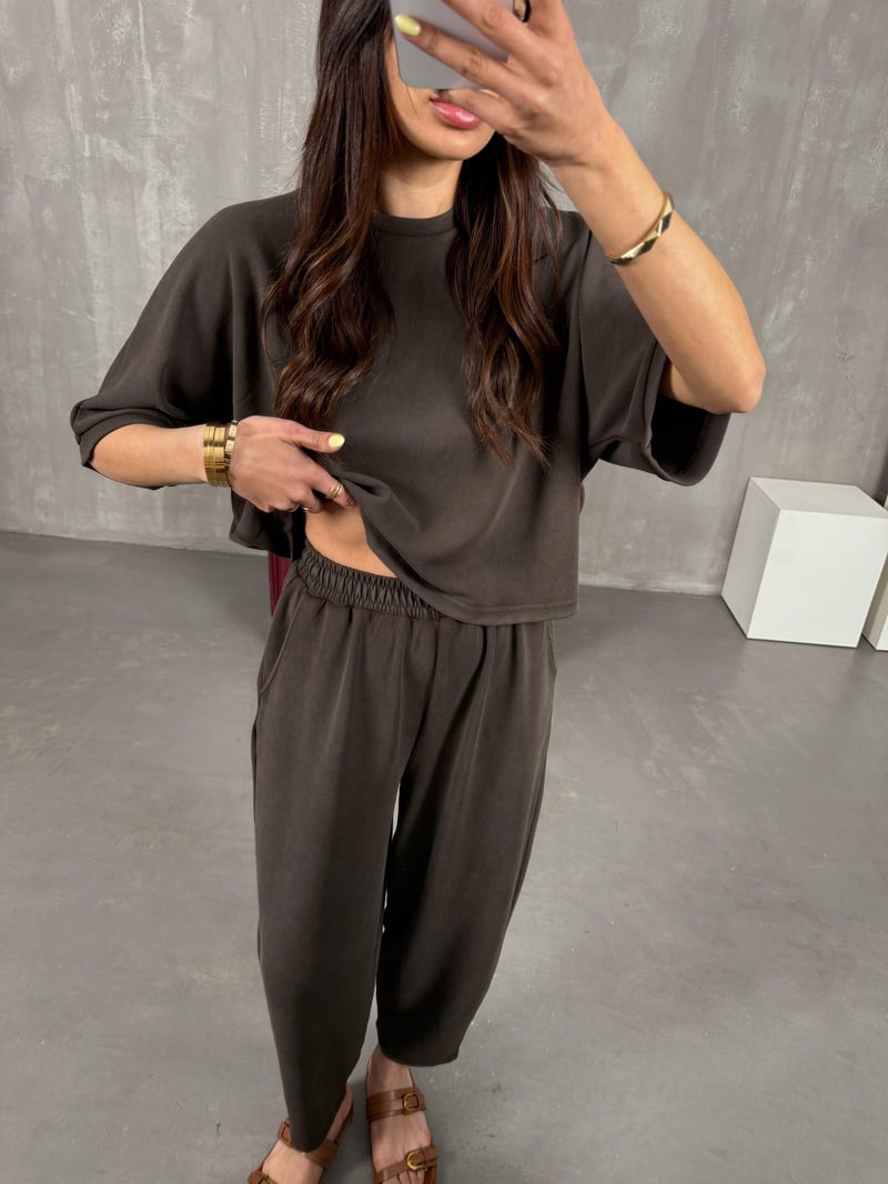 Acı Kahve Bisiklet Yaka Tshirt Pantolon Basic Yıkamalı Modal Takım Gaus00143