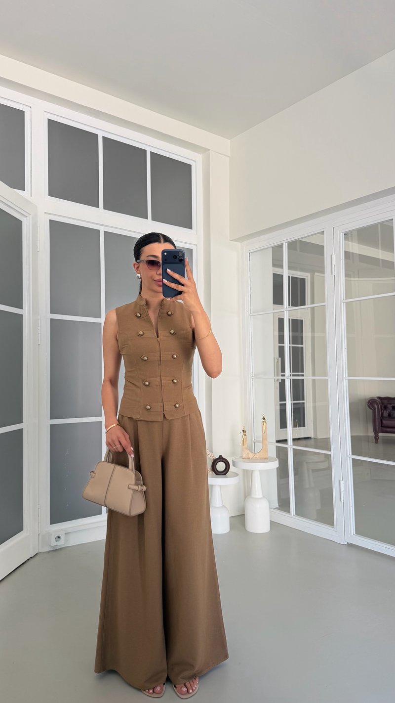 Kahve Düğme Detaylı Ceket Pantolon İkili Keten Takım GAUS-01739