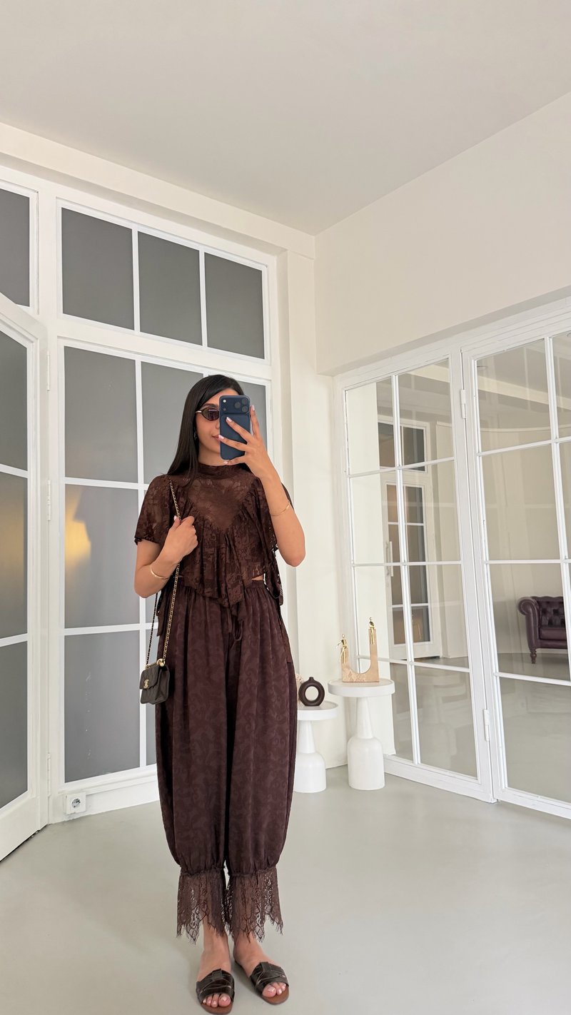 Kahve Beli Lastikli Dantel Detaylı Pinterest Şalvar GAUS-01763