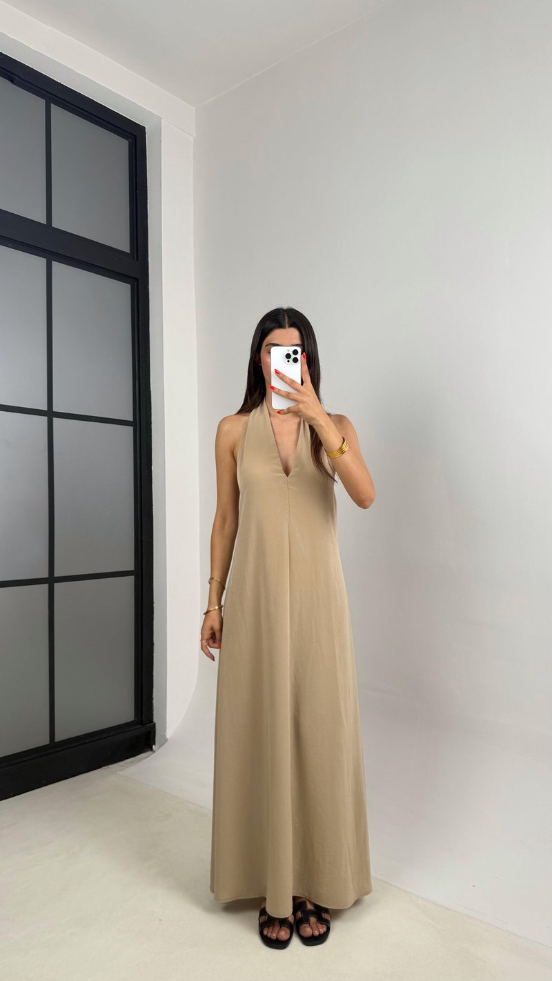 Taş Boyundan Bağlamalı V Yaka Tencel Elbise GAUS-0014