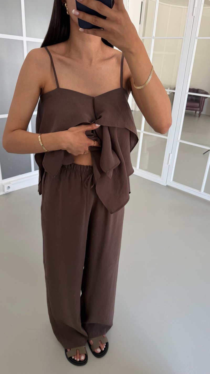 Kahve Fırfırlı Bluz Beli Lastikli Pantolon İkili MD Muadil Tencel Takım GAUS-01605