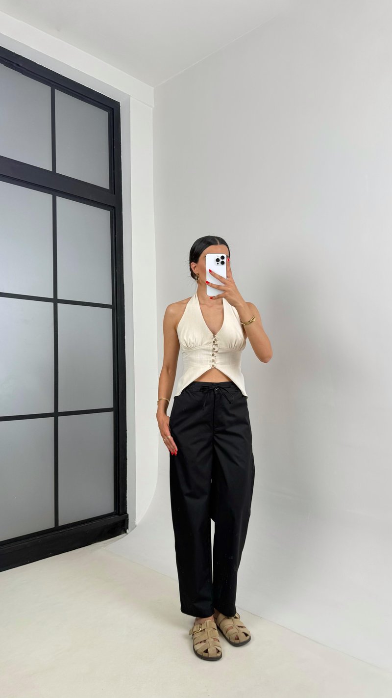 Siyah Beli Lastikli Bağlamalı Cepli Muadil Pantolon Gaus00506 