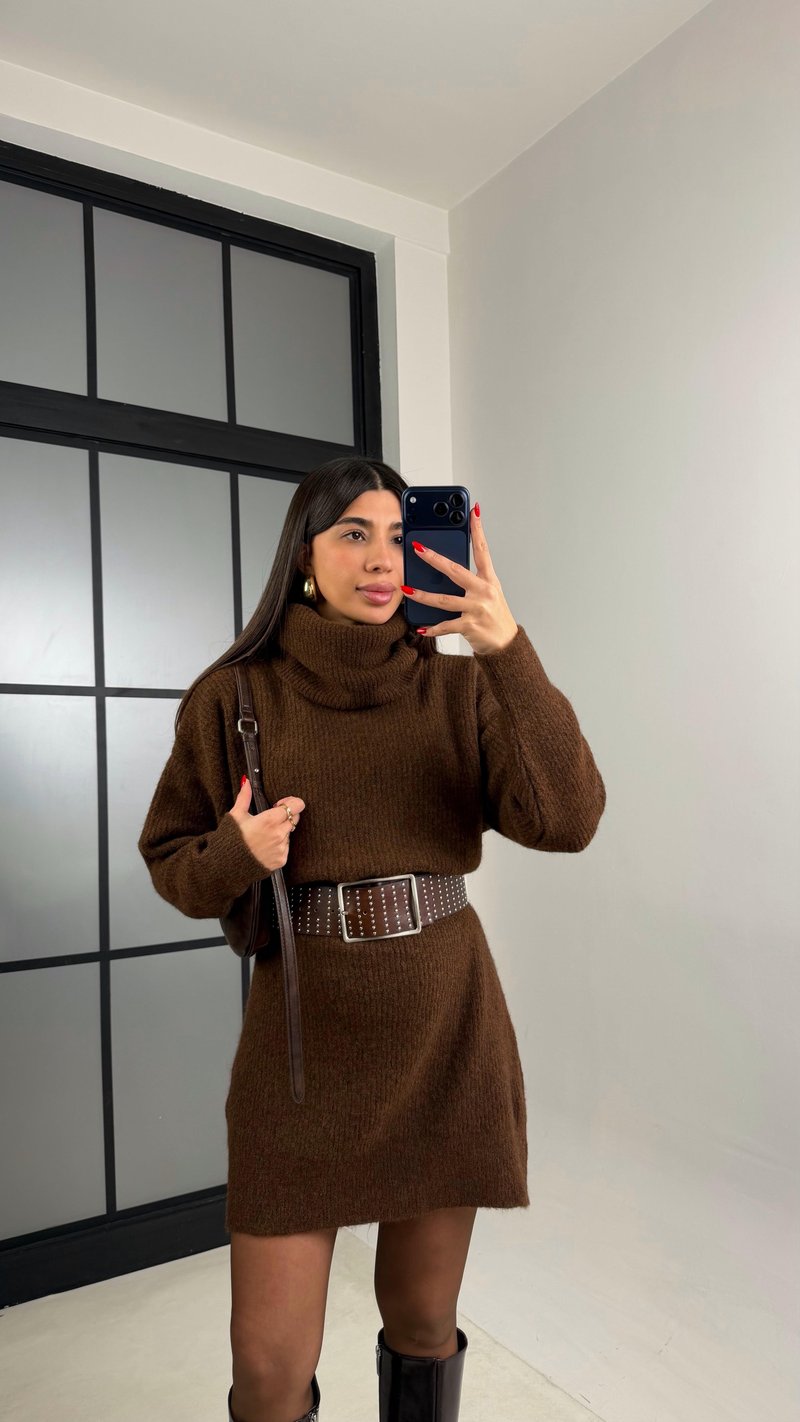 Kahve Balıkçı Yaka Oversize Triko Elbise GAUS-00900