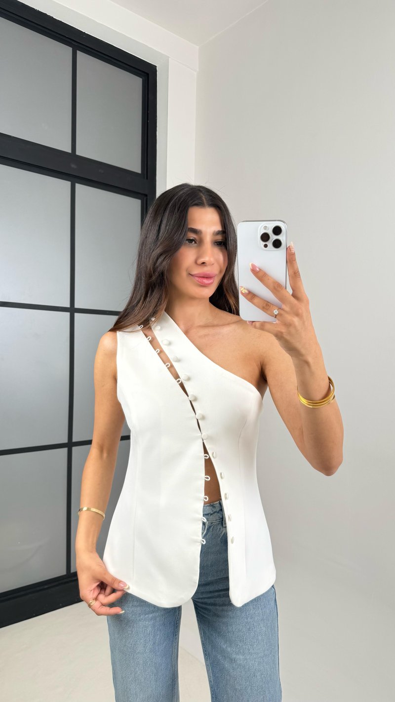Beyaz Düğmeli Asimetrik Yaka Astarlı Yelek Gaus00649