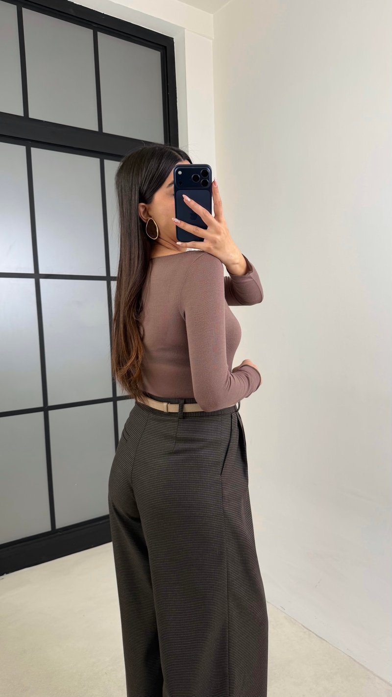 Kahve Pile Detaylı Desenli Kumaş Pantolon GAUS-00911