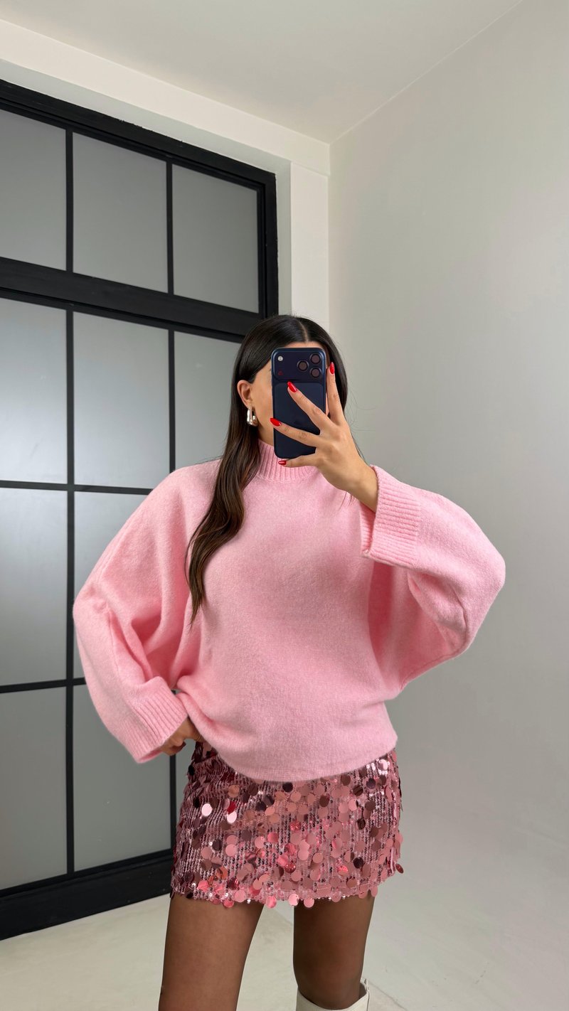 Pembe Balıkçı Yaka Yarasa Kol Triko Kazak GAUS-00928