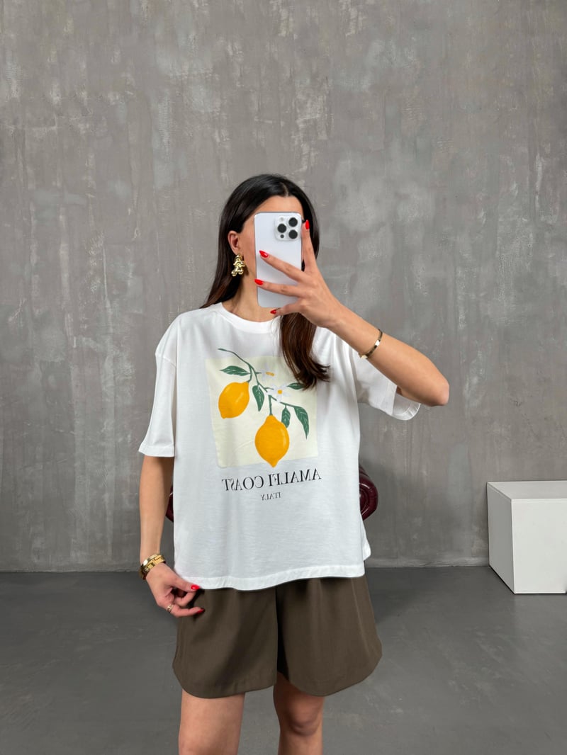 Krem Limon Baskılı Bisiklet Yaka Tshirt Gaus00177