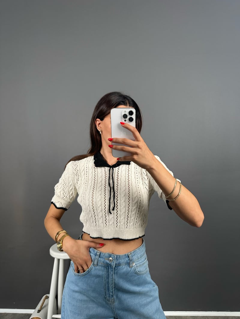 Cao ZR Model Ekru Bebe Yaka Kısa Kol Triko Crop