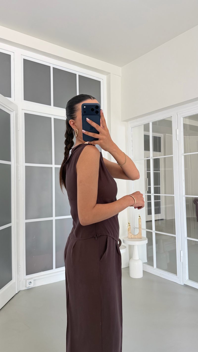 Kahve Gold Toka Detaylı Bluz Pantolon İkili Tencel Takım GAUS-01825