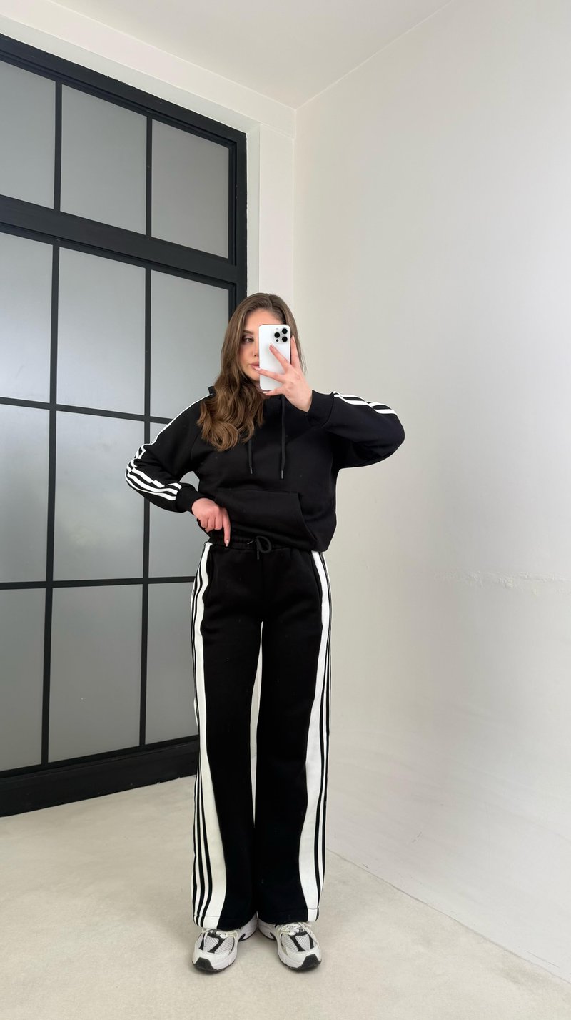 Siyah Şerit Detaylı Sweatshirt Beli Lastikli Eşofman Şardonlu Takım GAUS-01073