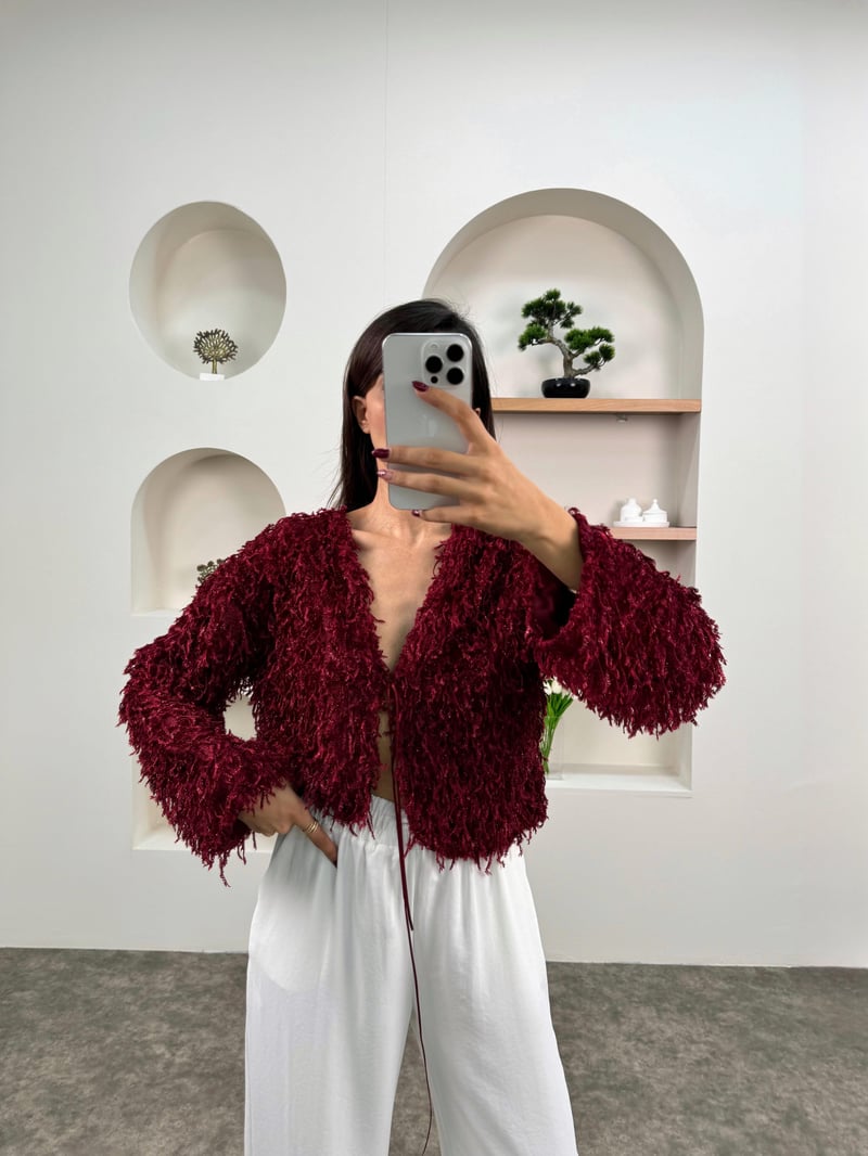Yuka Bordo Bağlamalı Simli Püsküllü Hırka