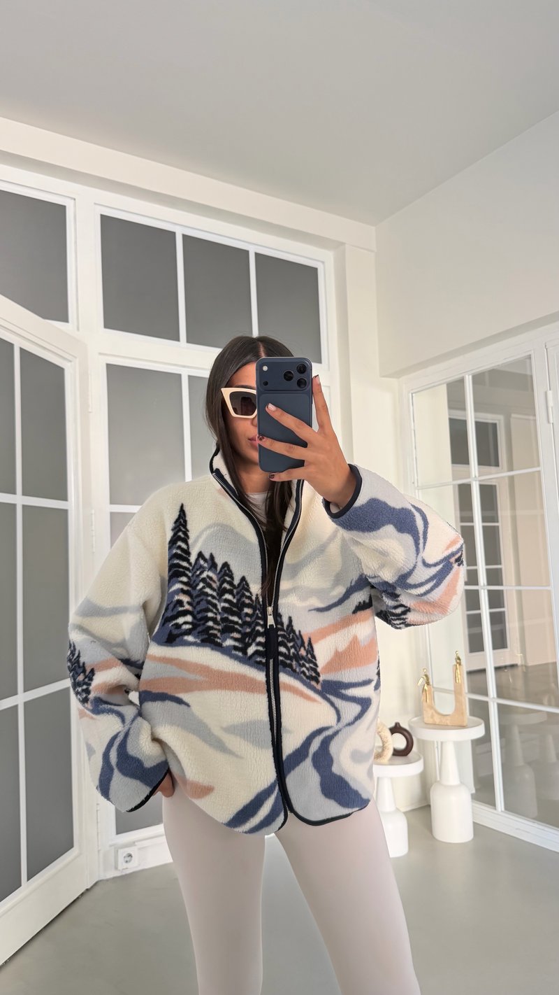 Ekru Ağaç Desenli Polar Sweatshirt GAUS-01909