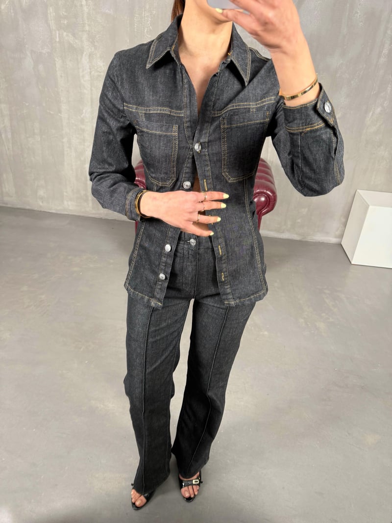 Füme Belden Oturtmalı Ceket Pantolon Denim Takım Gaus00084