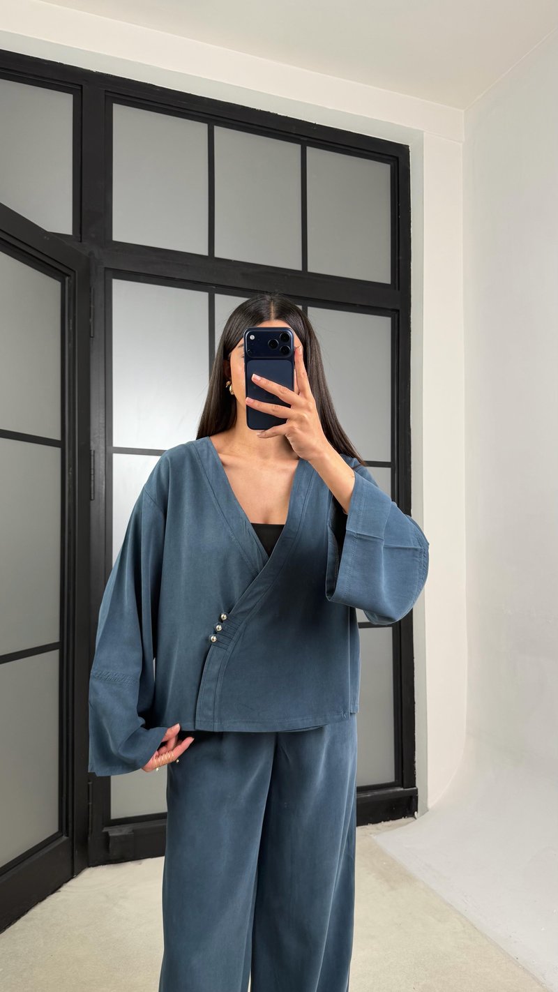Mavi Zımba Detaylı Kimono Pantolon MD Muadil Tencel Takım GAUS-01451