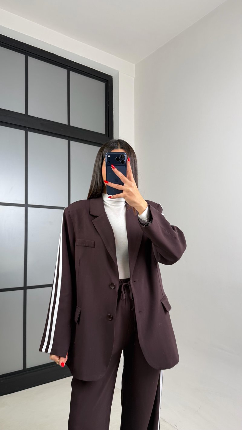 Acı Kahve Astarlı Vatkalı Blazer Ceket Beli Lastikli Pantolon Şerit Detaylı Premium Takım GAUS-00934