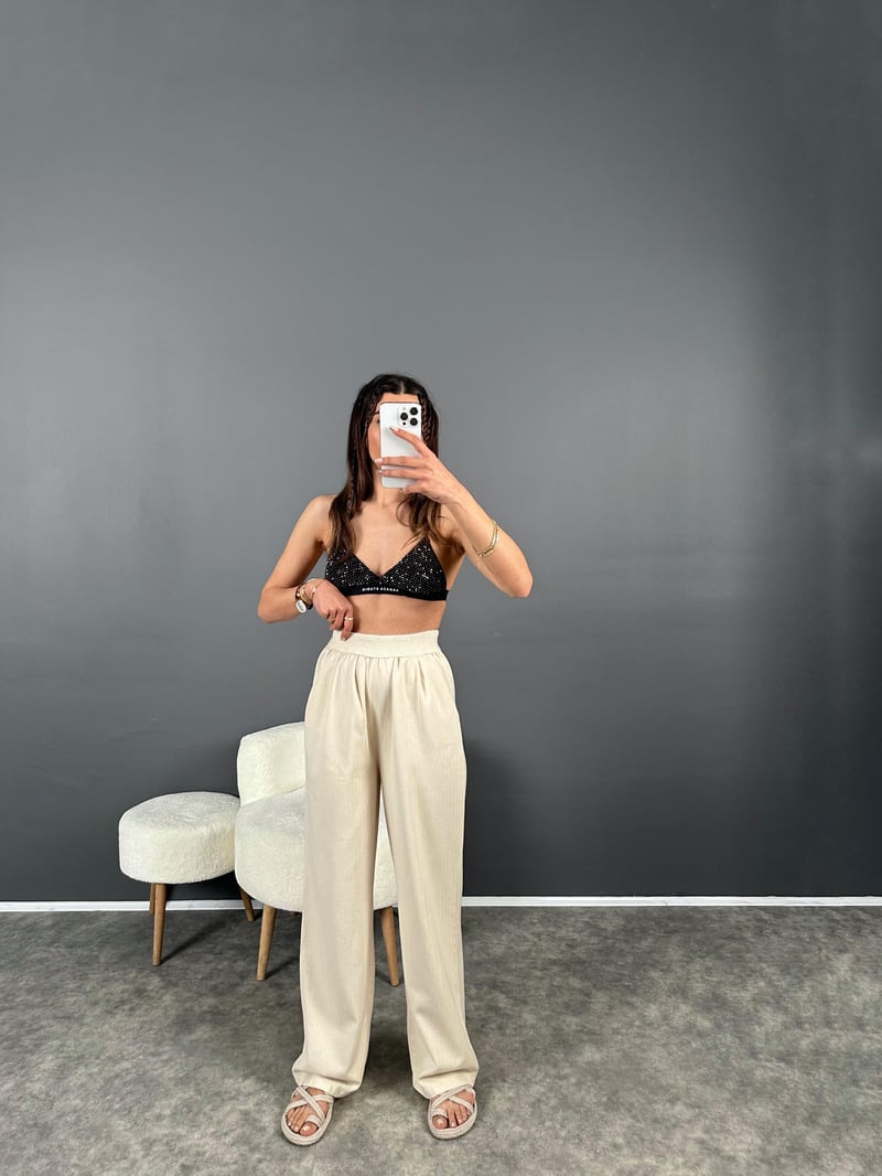 Gabardin Beli Lastikli Palazzo Pantolon 
