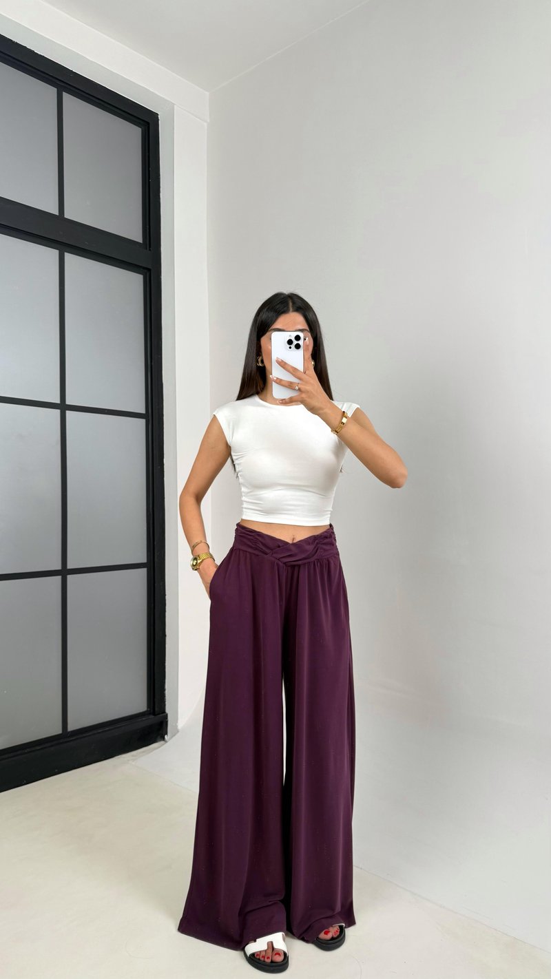 Mürdüm  Beli Çapraz Lastikli Bol Paça Oys Muadil Pantolon Gaus00606