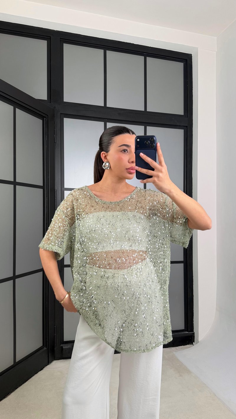 Mint Yeşili Muadil Pul İşleme Detaylı İthal Oversize Tshirt GAUS-01187