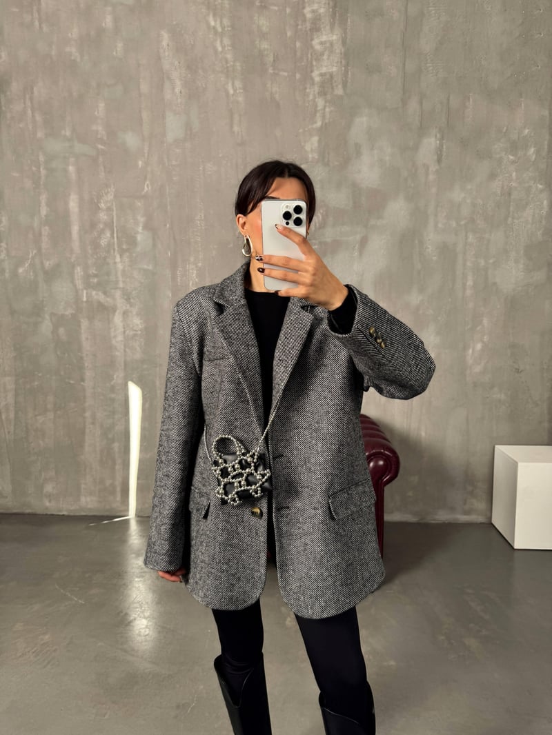 Dany Gri Çizgili Astarlı Kaşe Blazer Ceket