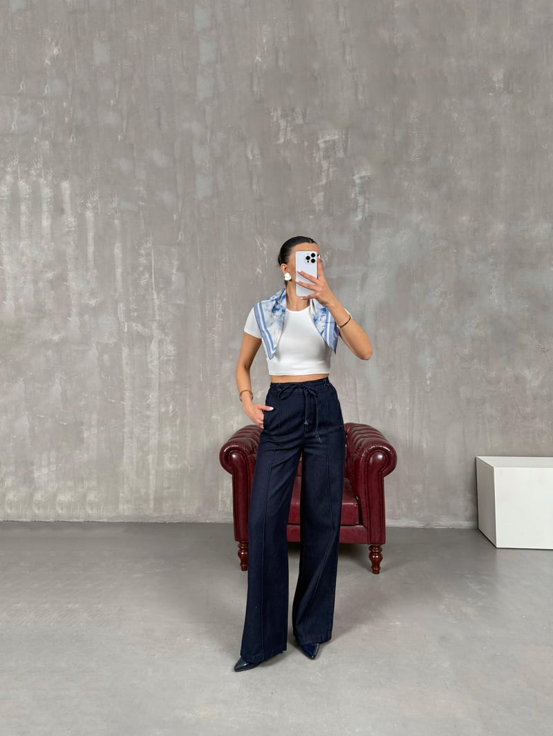 Lacivert Çımalı Beli Lastikli Bağlamalı Denim Pantolon Gaus00033