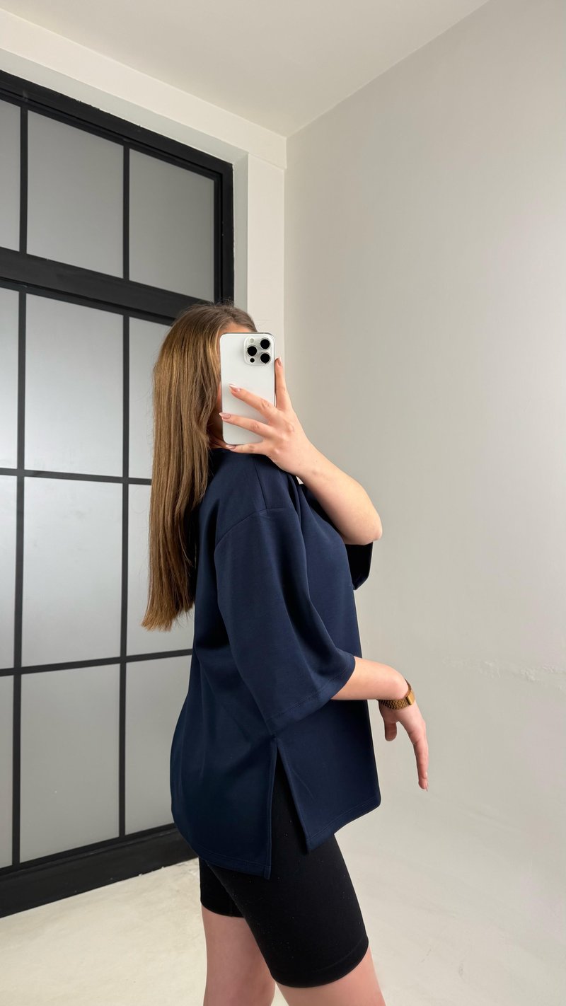 Lacivert Basic Yırtmaç Detaylı Modal Tshirt GAUS-01060