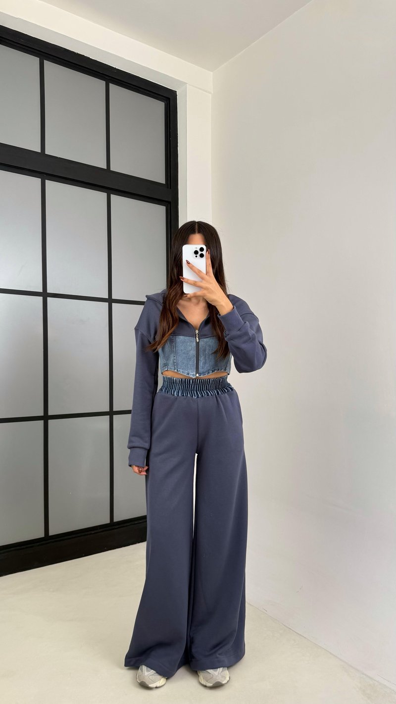 Antrasit Denim Detaylı Kapüşonlu Hırka Beli Lastikli Pantolon Tasarım Takım GAUS-00444