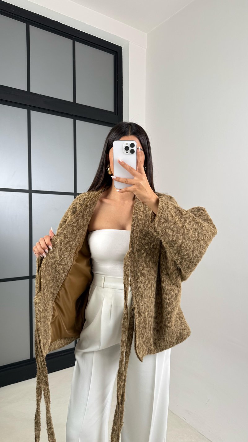 Kahve Kırçıllı Astarlı Önden Bağlamalı Premium Ceket GAUS-00512