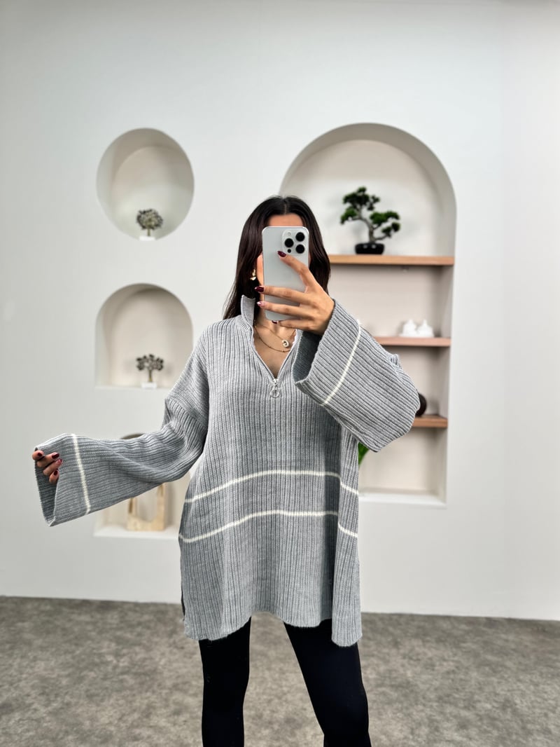 Leno Gri Fermuarlı Oversize Triko Kazak