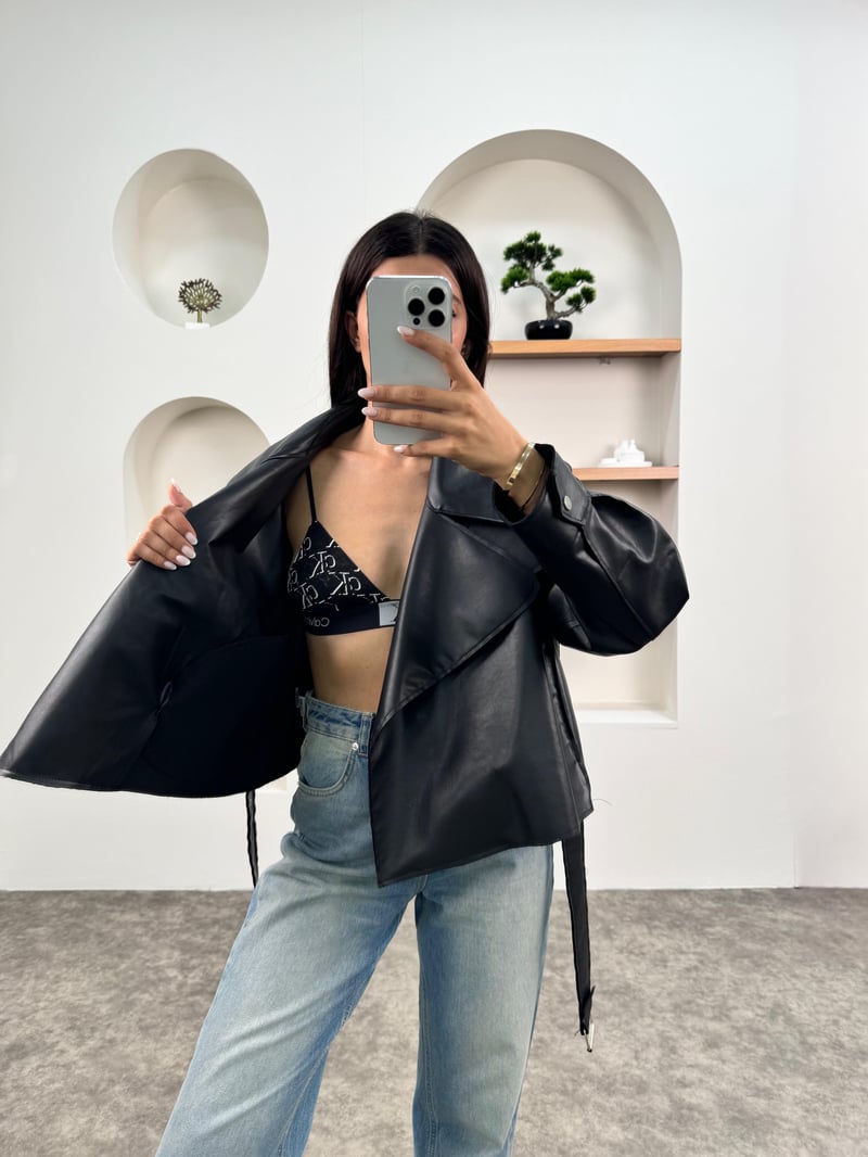 Wos Siyah Astarsız Kemerli Oversize Muadil Deri Ceket