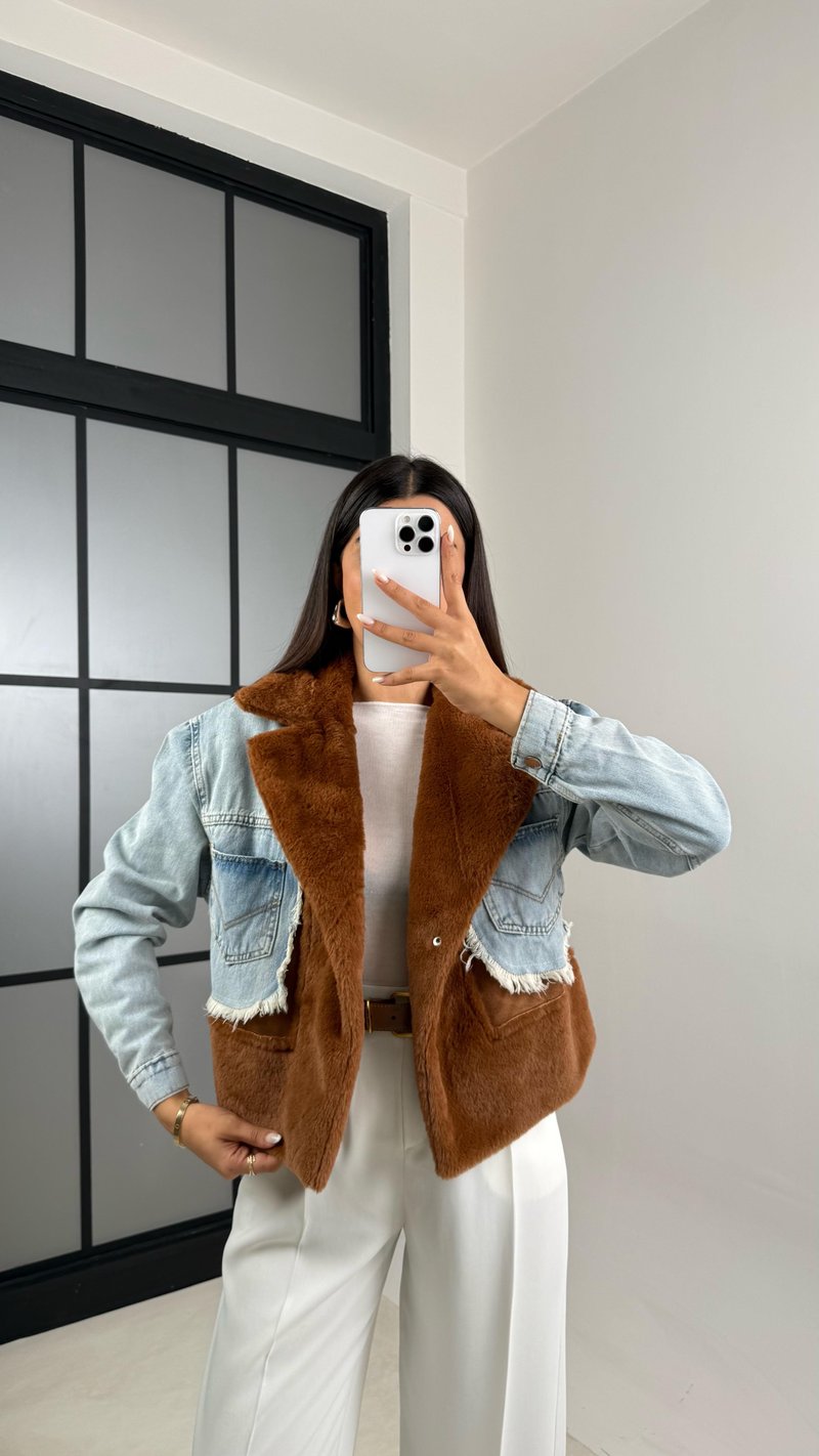 Kahve Denim Detaylı Peluş Ceket GAUS-00583