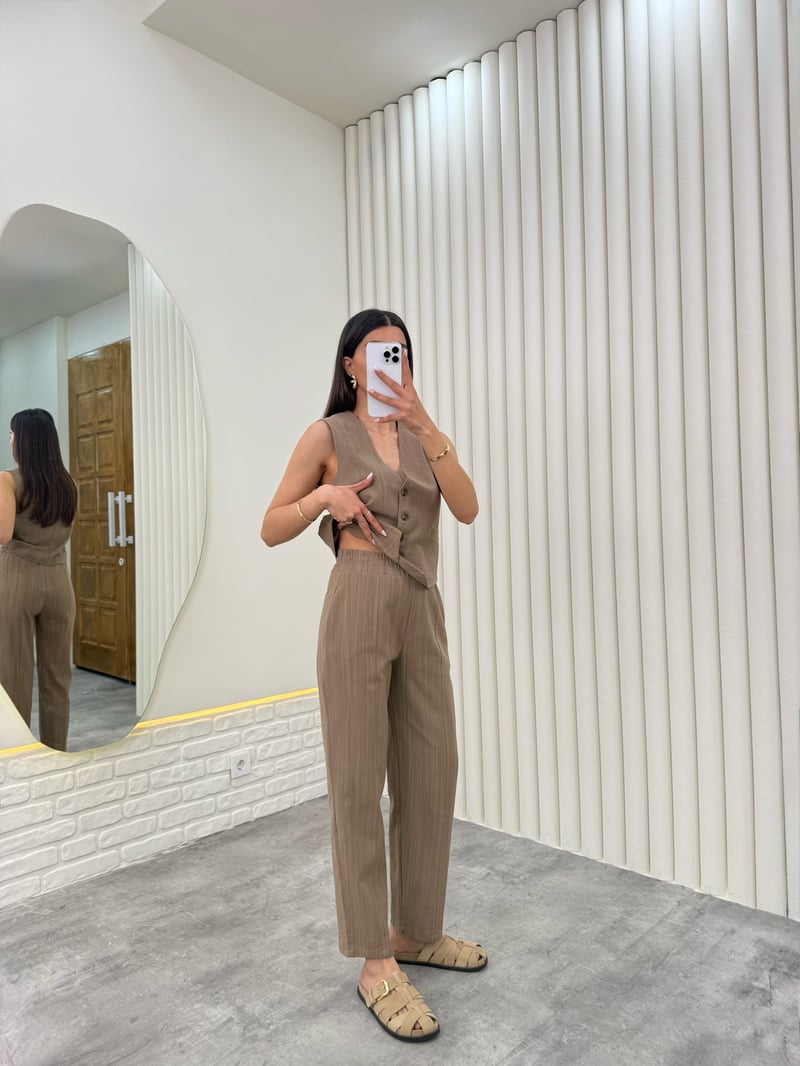 Kahve Yelekli Beli Lastikli Pantolon İkili Keten Takım Gaus00276