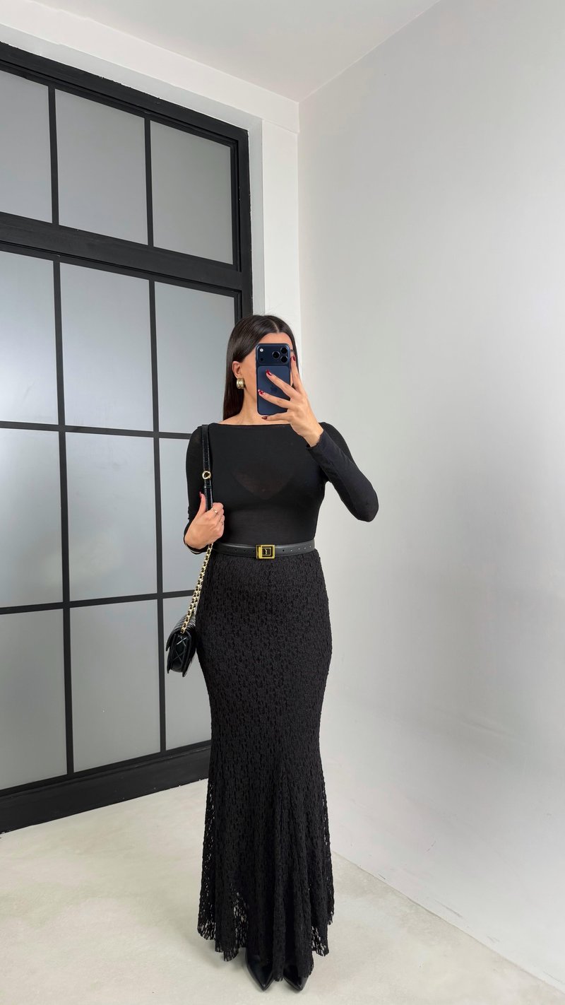 Siyah Maxi Boy Full Astarlı Dantel Etek GAUS-00714