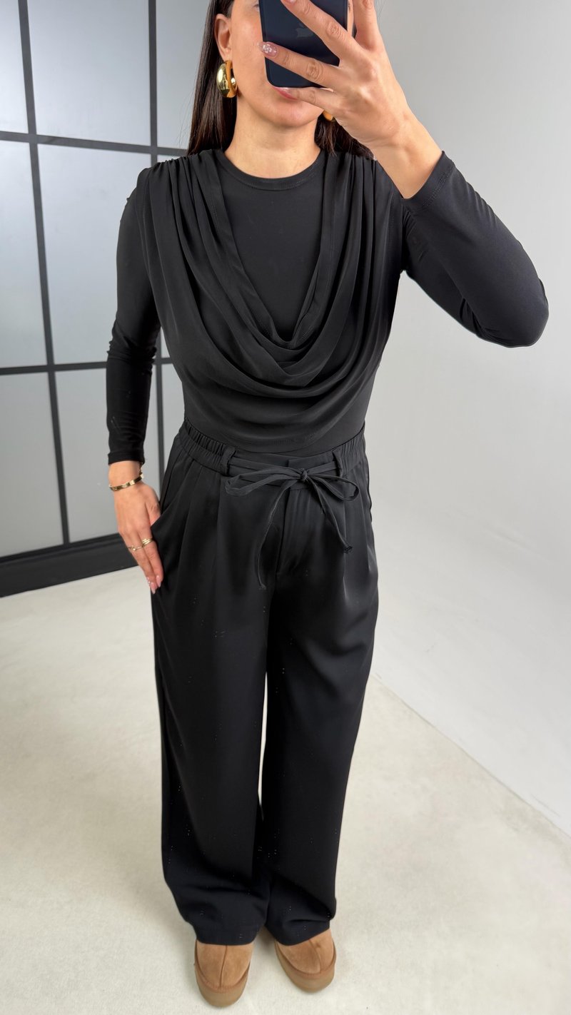 Siyah Beli Lastikli Kuşaklı İthal Kumaş Pantolon GAUS-00869
