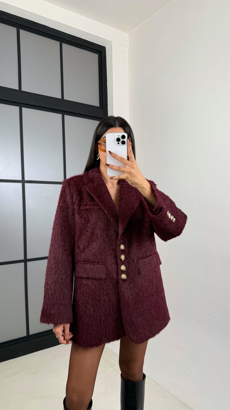 Bordo Astarlı Vatkalı Keçe Kumaş Blazer Ceket GAUS-00225