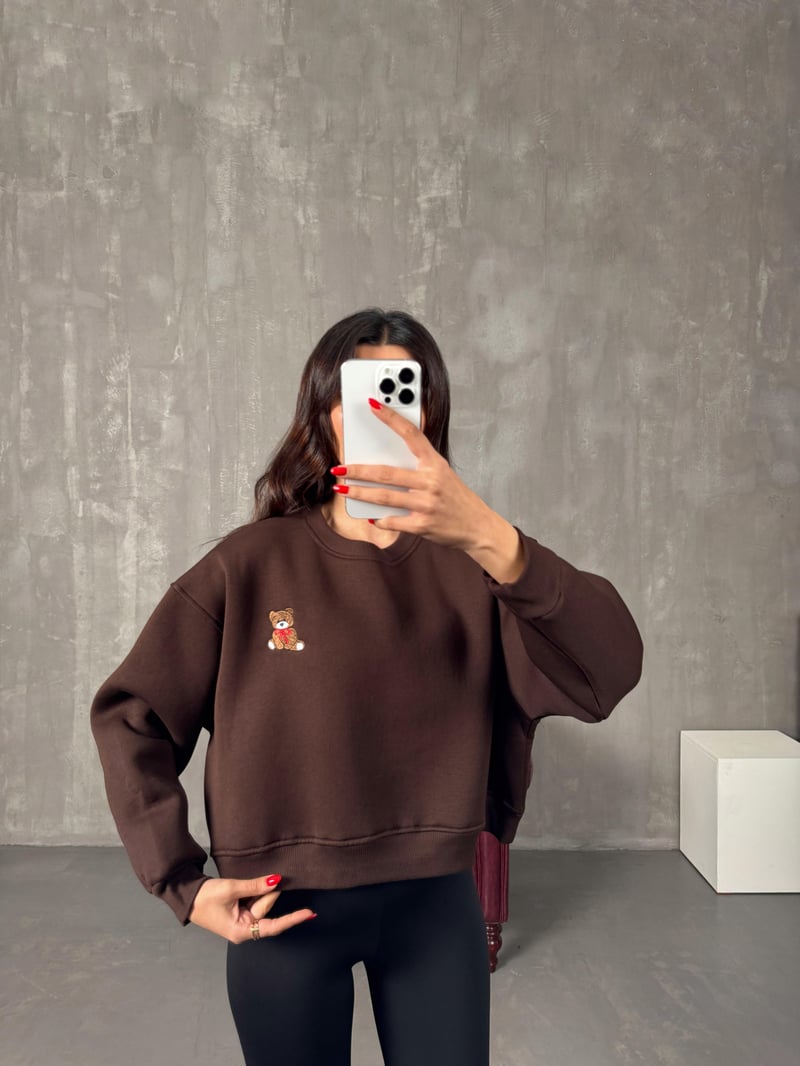 Tedy Kahve Ayıcık İşlemeli Şardonlu Sweat 