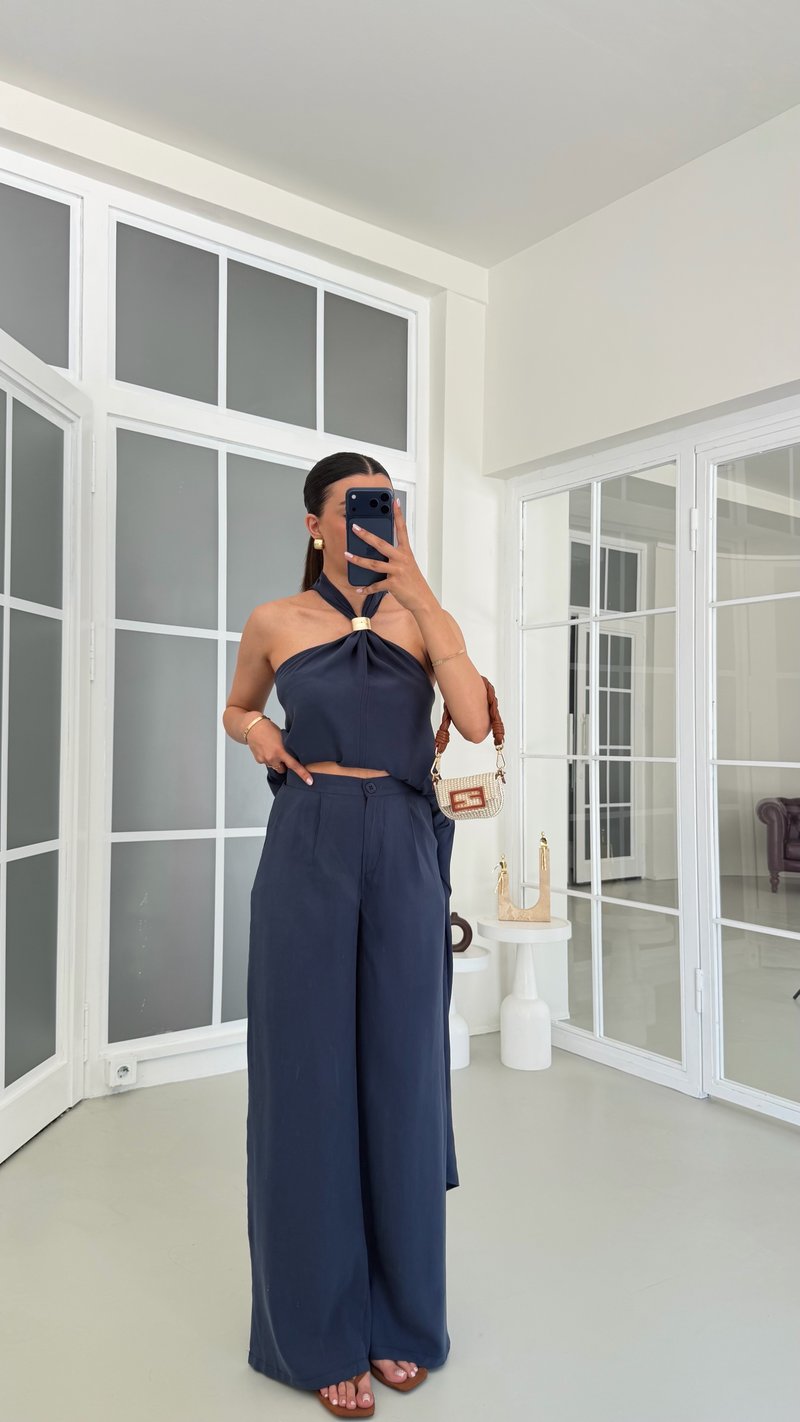 Lacivert Tulum Görünümlü Bluz Pantolon İkili Premium Takım GAUS-01738